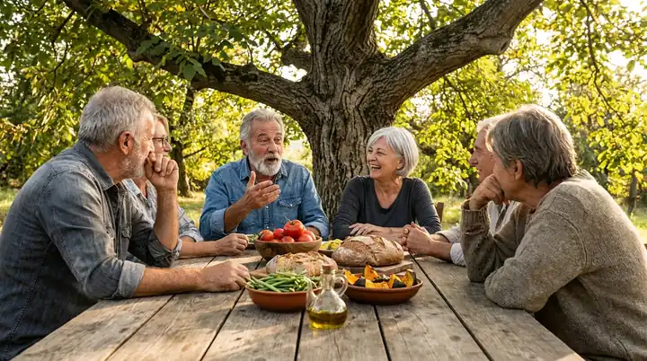 Six men and women in their sixties and seventies talking around a long outdoor harvest table under a walnut tree
