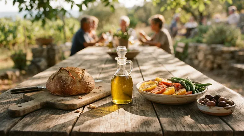 A small glass cruet of olive oil at the center of a harvest table between bread and sliced tomatoes