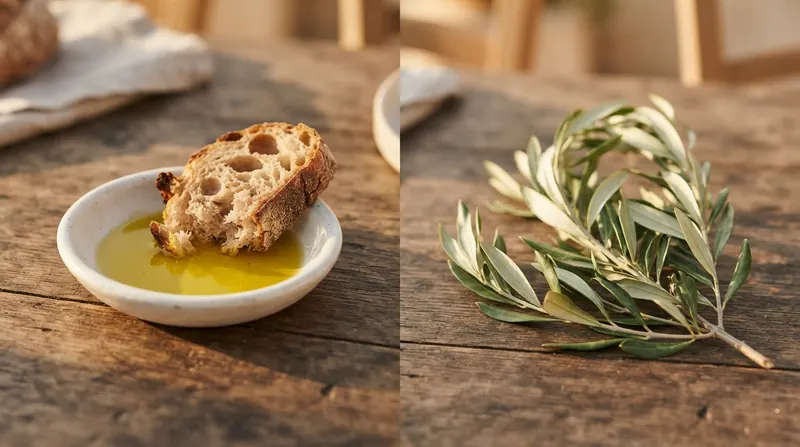 Split image: a dish of olive oil with bread on the left, a freshly cut olive branch with leaves on the right