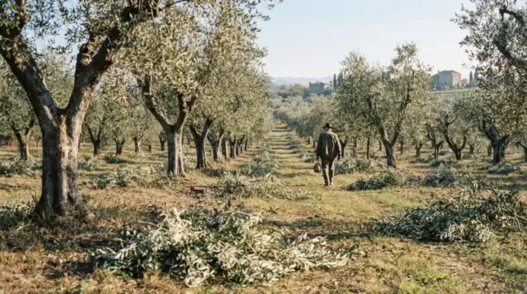 Rows of olive trees with piles of freshly pruned leafy branches on the grass between them
