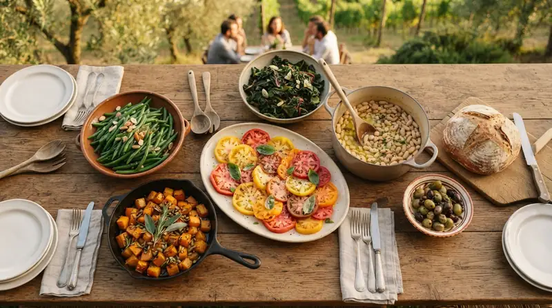 A harvest table seen from above, with tomatoes in olive oil, green beans, roasted squash, greens, beans and bread