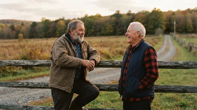 Two men in their late sixties talking and laughing at a split-rail fence at the end of a farm lane