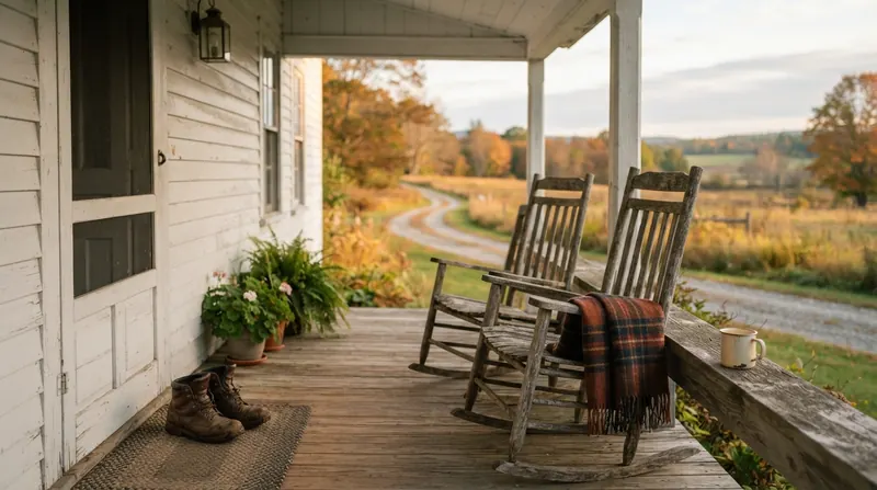 A farmhouse porch in the morning with two rocking chairs and a pair of walking boots by the door