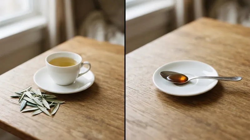 Split image: a cup of olive leaf tea beside fresh leaves on the left, a tablespoon of dark amber liquid on the right