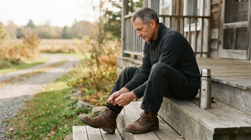 A man in his early sixties lacing up his walking boots on a farmhouse porch step in the morning
