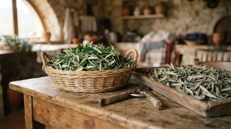 A basket of fresh olive leaves beside a wooden tray of dried olive leaves on a farm table