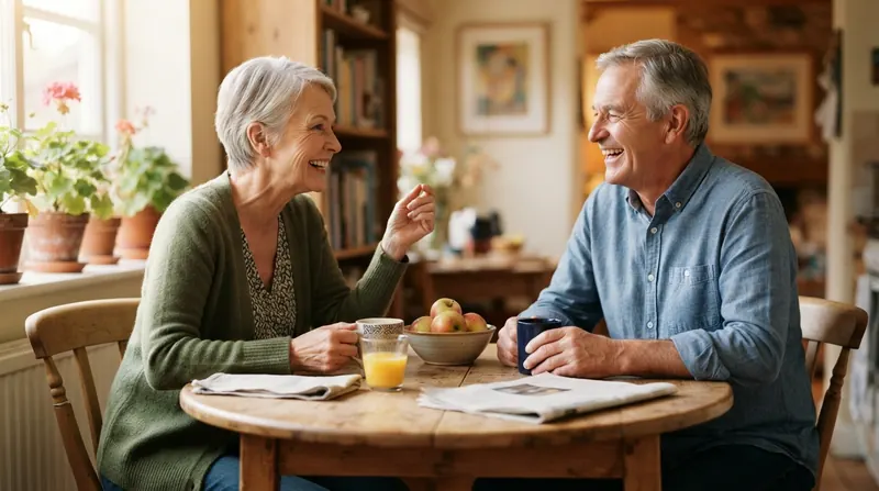 A married couple in their late sixties talking and laughing over juice and coffee at a round kitchen table