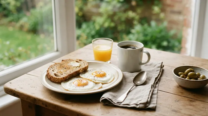 A breakfast of eggs, toast and tomato with a small glass of juice and a tablespoon on a napkin