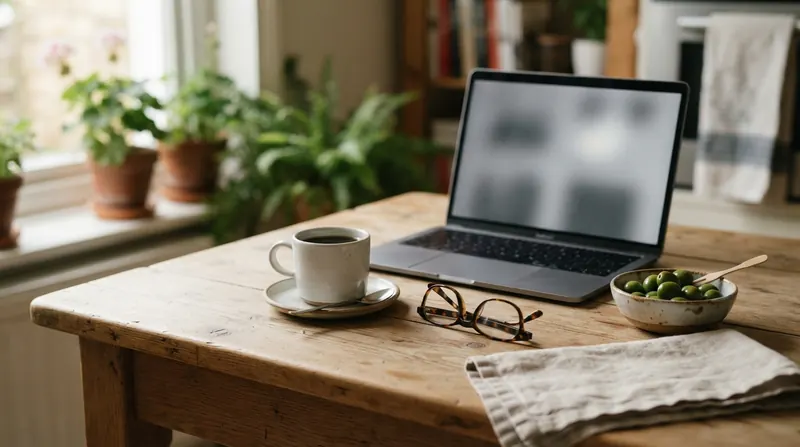 Reading glasses and a mug of coffee beside an open laptop on a kitchen table