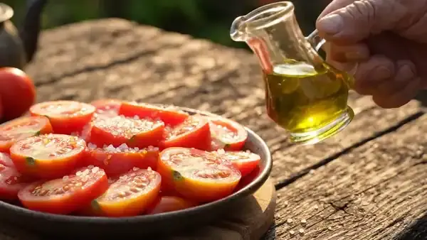 A hand drizzling olive oil from a glass cruet over sliced tomatoes on a harvest table