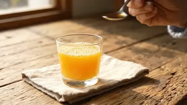 A tablespoon of dark amber liquid being stirred into a small glass of orange juice