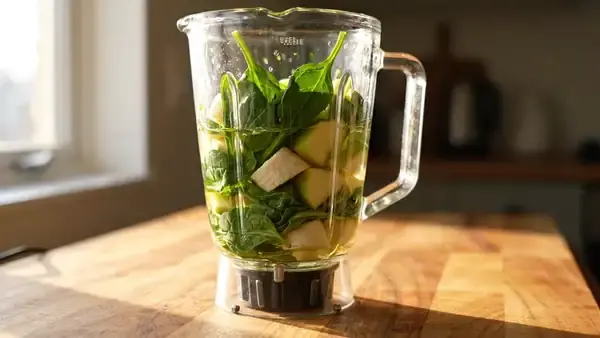 A blender turning spinach, banana and apple into a pale green smoothie on a kitchen counter