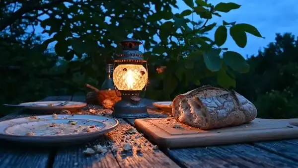 A small oil lantern glowing on a long harvest table at dusk after supper